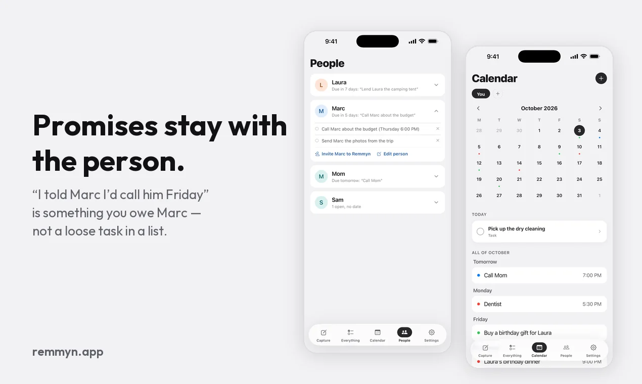 Promises stay with the person: the People screen with what you owe Laura, Marc and Mom, and the shared calendar for October.