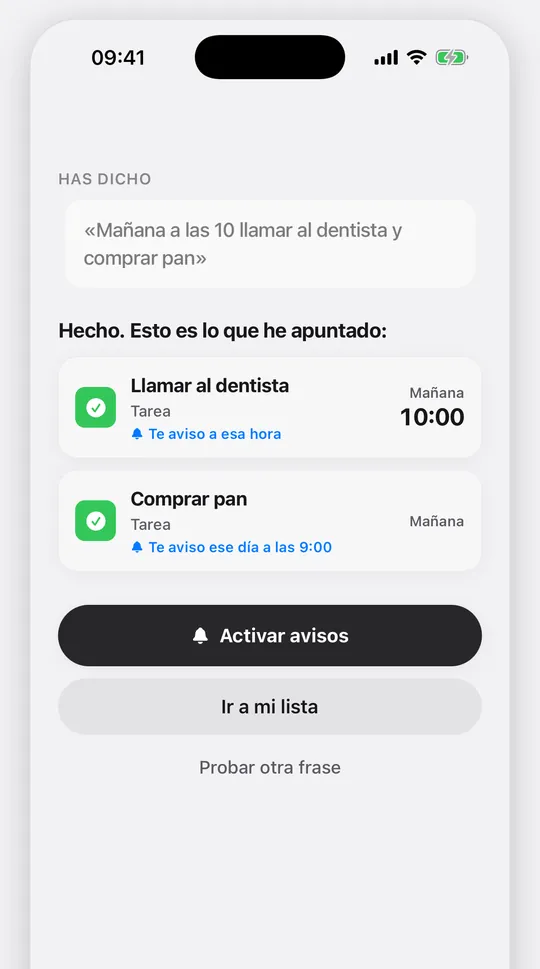 Remmyn: has dicho «Mañana a las 10 llamar al dentista y comprar pan» y aparecen dos tareas, Llamar al dentista mañana a las 10:00 y Comprar pan mañana