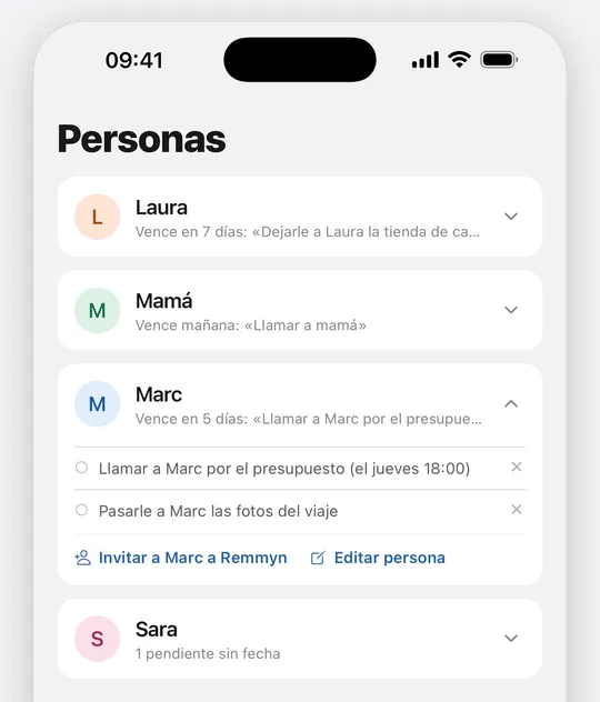 Pestaña Personas de Remmyn: cada persona con lo que le prometiste y cuándo vence