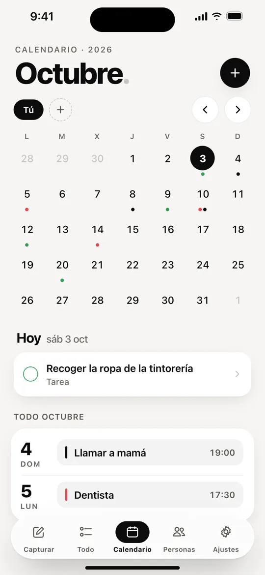 Calendario de octubre del diseño nuevo, con los puntos de cada día y la lista del mes debajo