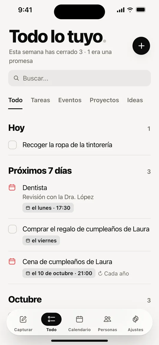 Pestaña Todo del diseño nuevo: Hoy, Próximos 7 días y Octubre, con dentista y el cumpleaños de Laura